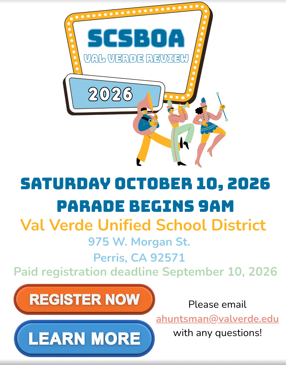 SCSBOA Val Verde Review 2026 registration flyer &mdash; Saturday, October 10, 2026, parade begins 9AM