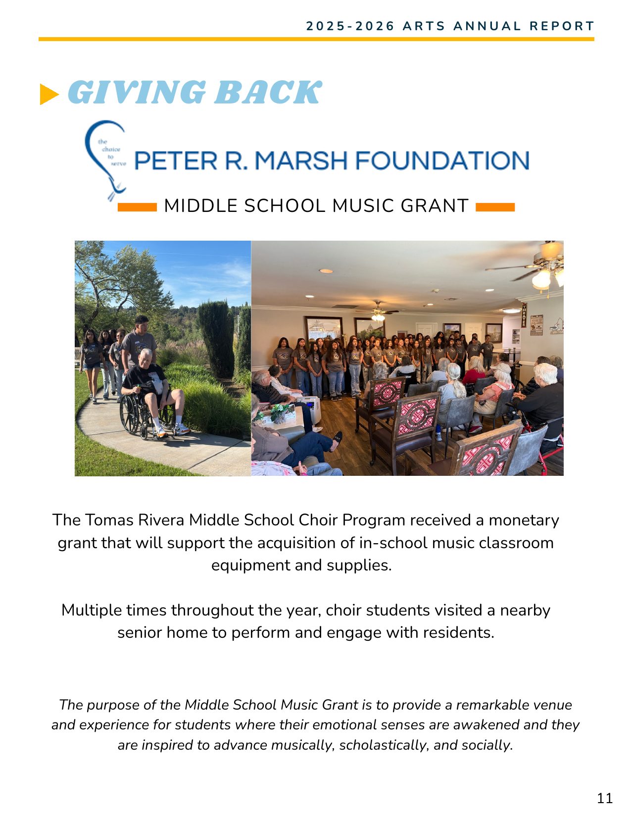 Giving Back &mdash; Peter R. Marsh Foundation Middle School Music Grant &mdash; page 11 of the Arts Annual Report